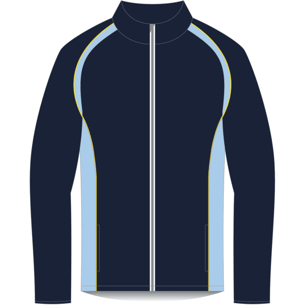 A navy and light blue softshell jacket featuring a zip front and side pockets, with a logo on it.