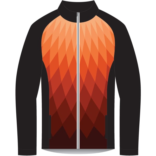 A full zip track jacket featuring an orange and black geometric pattern with a logo on the front.