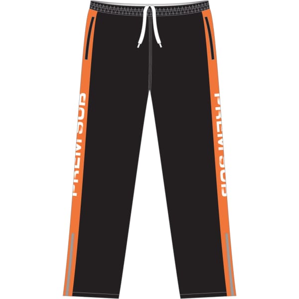 Track pants in black with orange side accents and branding. Features a drawstring waist and pockets.