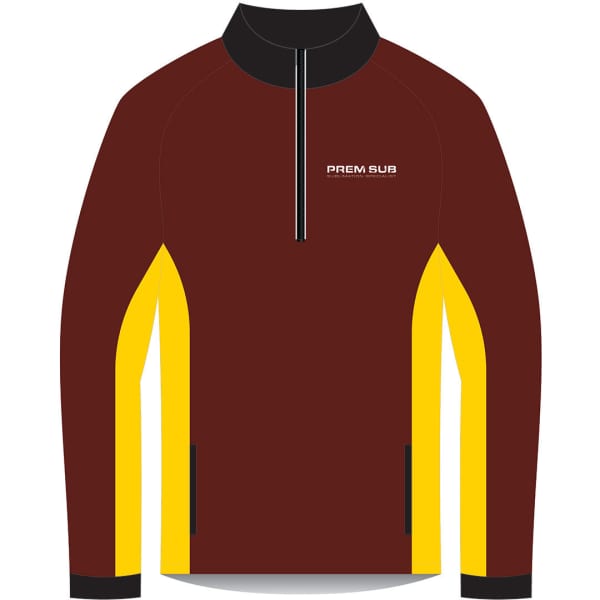 A half zip track jacket featuring brown fabric with yellow sleeves. It has a logo on the front.