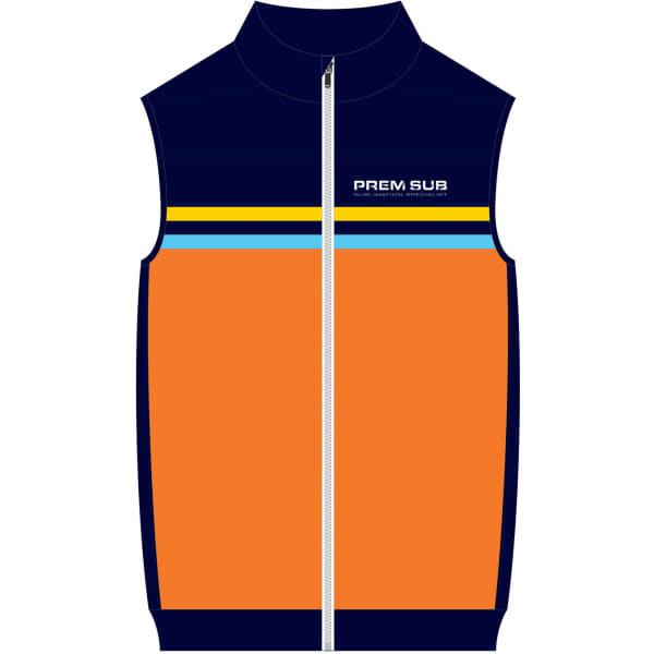 An orange and navy puffer vest with a zip front and a logo, featuring blue and yellow stripes.