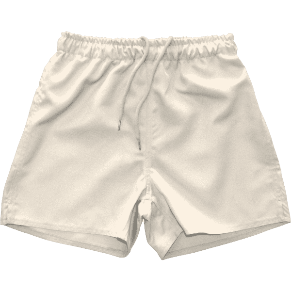 Ivory rugby shorts with an elastic waistband and drawstring, featuring branding.
