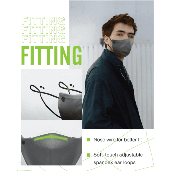 A grey reusable protective mask with adjustable ear loops and a nose wire, displayed on a model and separately.