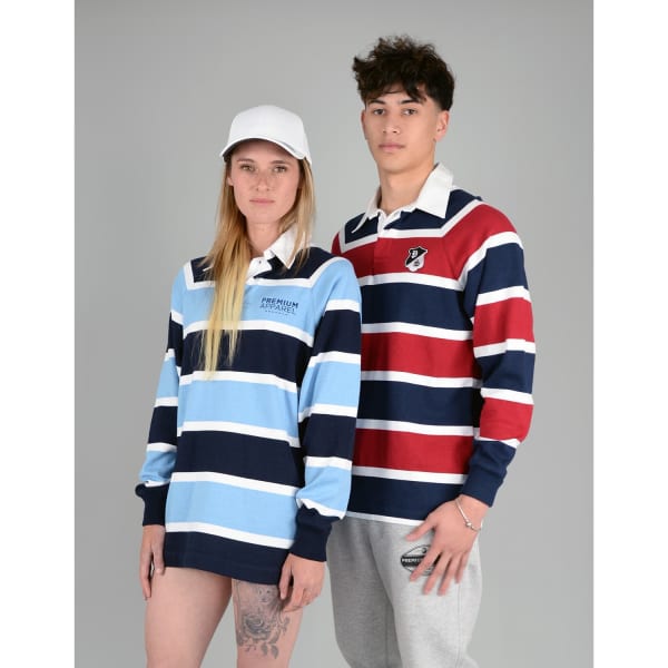 A knitted rugby jersey in blue and white stripes, and a red and black striped jersey, both with collars and logos.