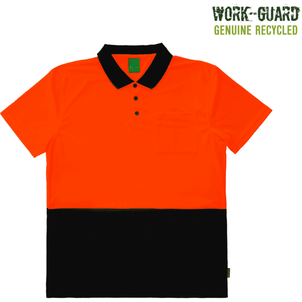 A bright orange and black polo shirt featuring a pocket and a logo. Suitable for workwear and visibility.