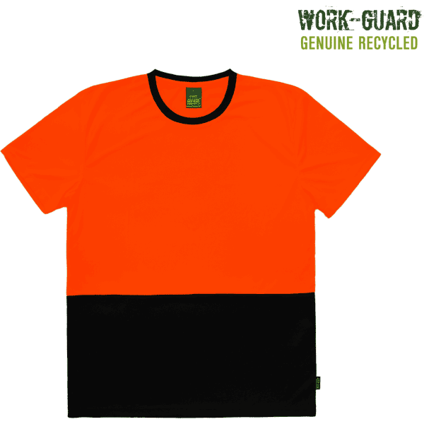 A hi-vis T-shirt featuring a bright orange upper section and a black lower section, with a logo.