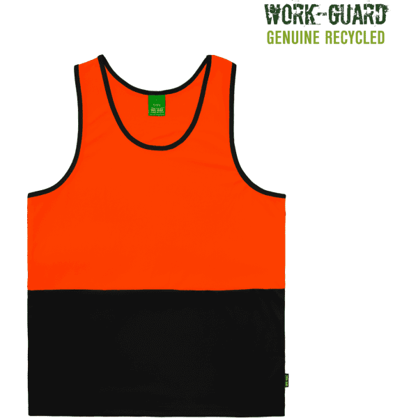 A high-visibility orange and black singlet with a logo, made from recycled materials.