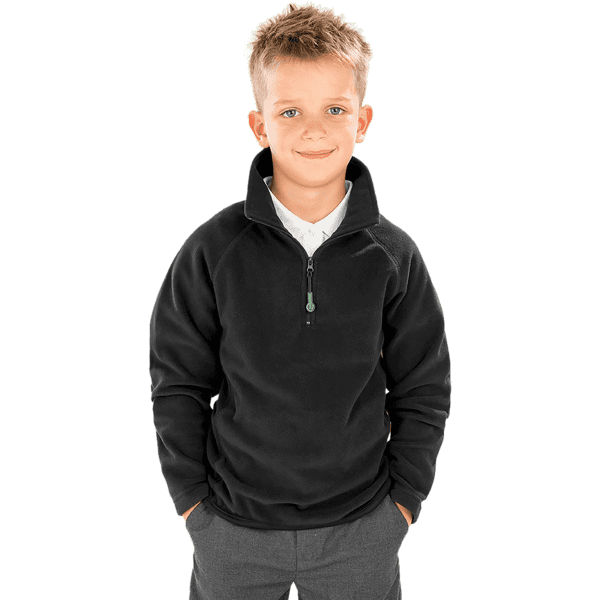 A youth quarter-zip fleece top in black, featuring a zippered collar and a logo.