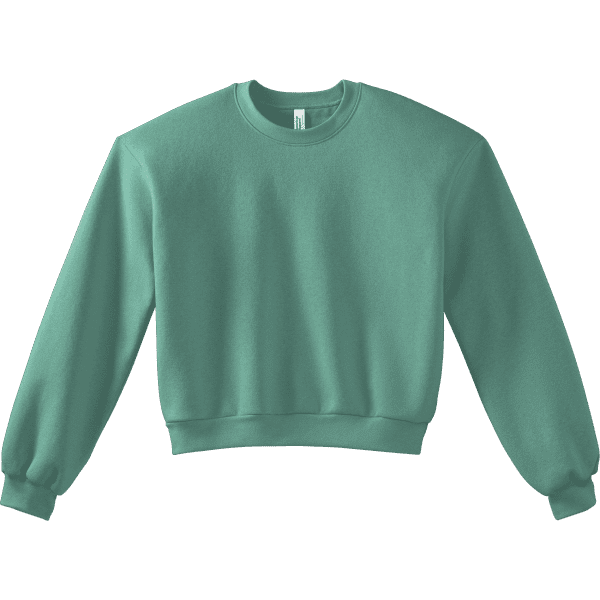 A teal women's crewneck sweatshirt featuring a fitted waistband and cuffs, with a logo on the label.
