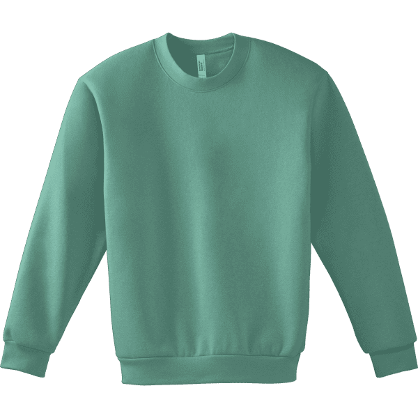 A unisex crewneck sweatshirt in a teal colour, featuring a ribbed hem and cuffs, and a tag inside.