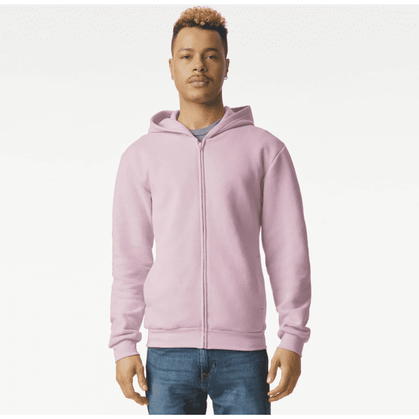 A unisex full zip hooded sweatshirt in a soft pink colour, featuring a simple design and a logo.
