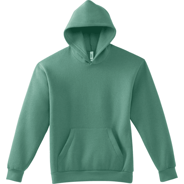 A teal unisex hooded sweatshirt featuring a front pocket and a logo on the label.