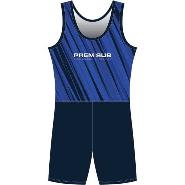 A full sub rowing rowsuit in blue with a dark navy bottom and a logo on the front.
