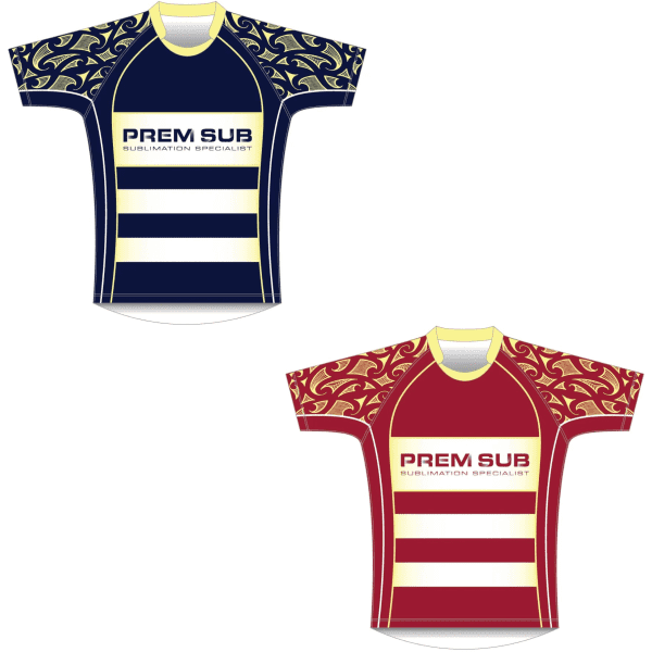 A reversible rugby jersey featuring a navy blue design on one side and a maroon design on the other, with decorative patterns.