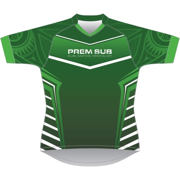 A green Rugby Blitz Slim Fit Jersey featuring a patterned design and a logo on the front.