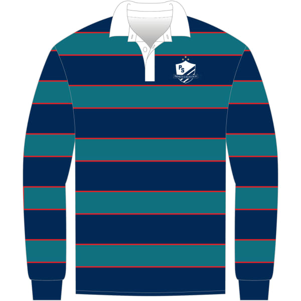 A long-sleeve rugby jersey featuring navy and teal stripes with a white collar and a logo on the chest.