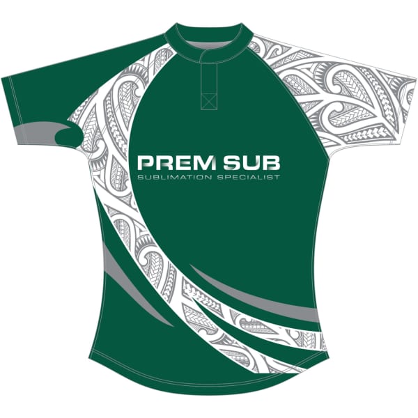 A green rugby jersey featuring patterned sleeves and a logo, designed for sports uniforms.