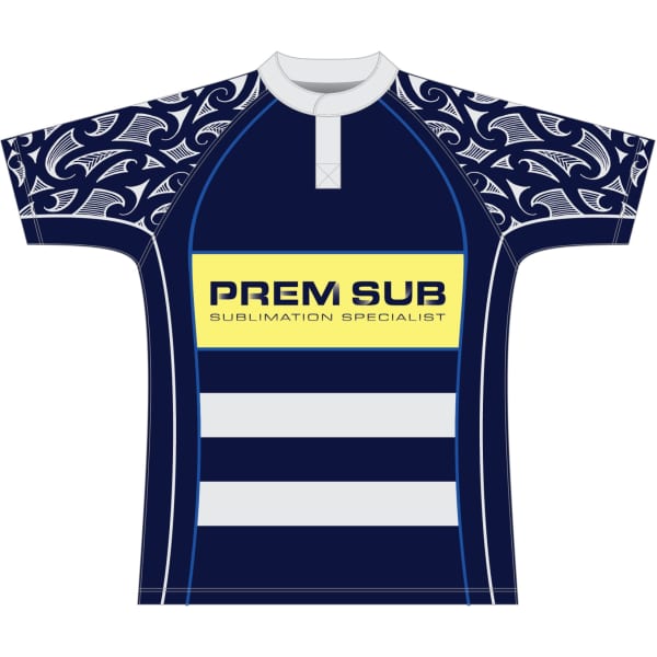 A standard fit rugby jersey featuring a navy blue design with patterned sleeves and a logo on the front.