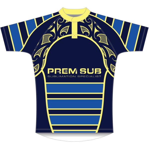 A navy and yellow rugby jersey with a tapered fit, featuring a graphic design and a logo.