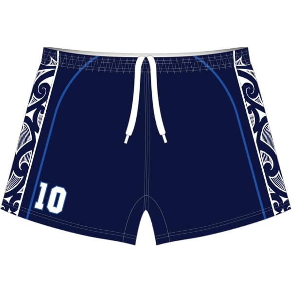 Navy rugby shorts featuring a decorative pattern and a white number 