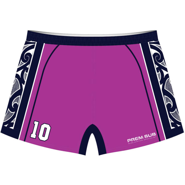 A pair of purple rugby shorts with decorative side patterns and a logo on the front.