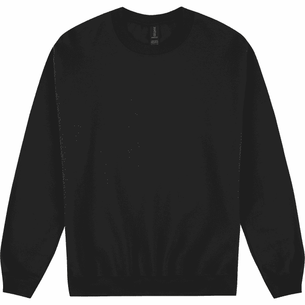 A black Softstyle adult sweatshirt with long sleeves and a round neckline. It features a logo.