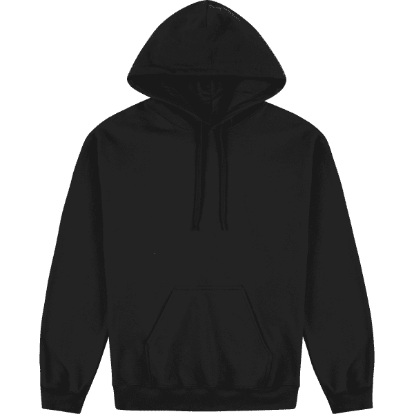 A black adult hooded sweatshirt featuring a front pocket and a drawstring hood. It has a logo.