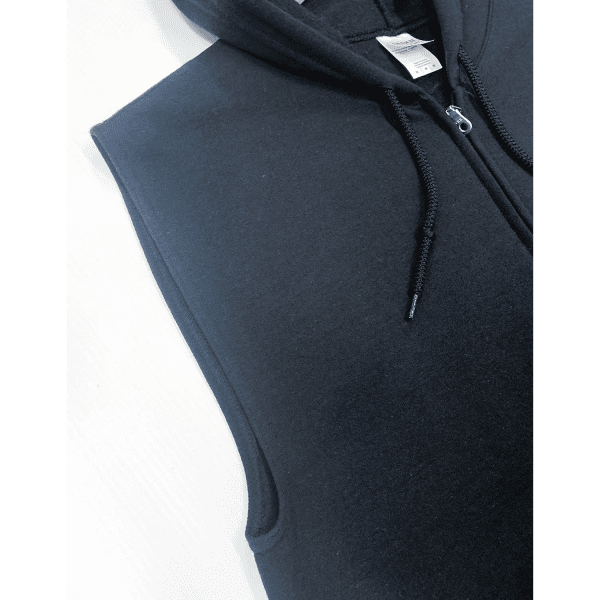 A black sleeveless hoodie featuring a zip and drawstring hood, with a label visible inside.