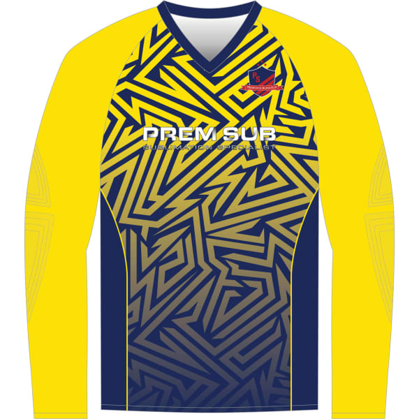 A long-sleeved football jersey in yellow and navy, featuring a geometric design and a logo.