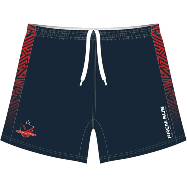 Football shorts in navy blue featuring a red patterned side design, finished with a drawstring and a logo.