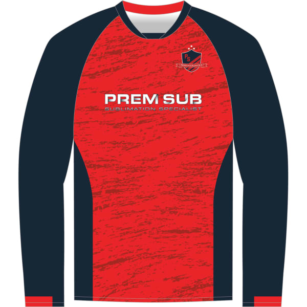A red and navy long sleeve raglan jersey with a logo and a textured design.