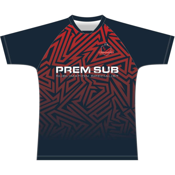 A black and red football jersey featuring an abstract pattern and a logo on the front.