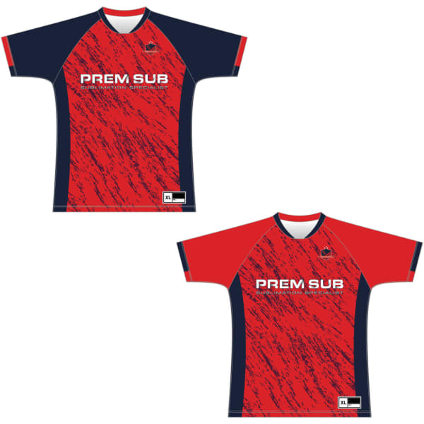 A reversible raglan football jersey featuring a red and navy design with a logo. Suitable for sports uniforms.