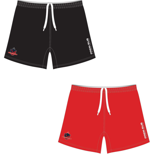 Reversible football shorts in black and red, featuring a logo on the side and a drawstring waist.