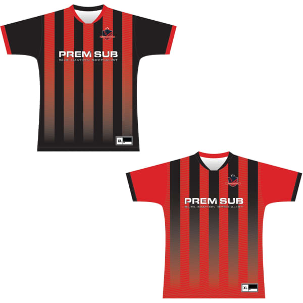 A reversible football jersey set featuring black to red gradient colours with horizontal stripes and a logo.