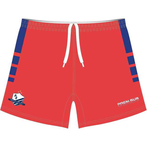 Red football shorts featuring a logo and blue detailing, designed in a standard fit style.