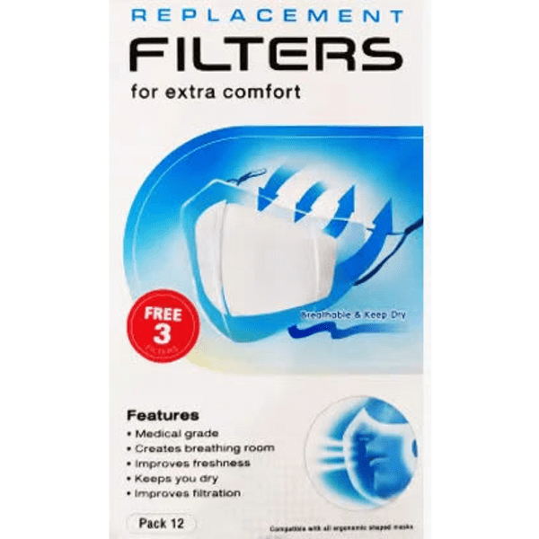 White replacement filters packaged in a blue and white box, designed for face masks, with a logo present.
