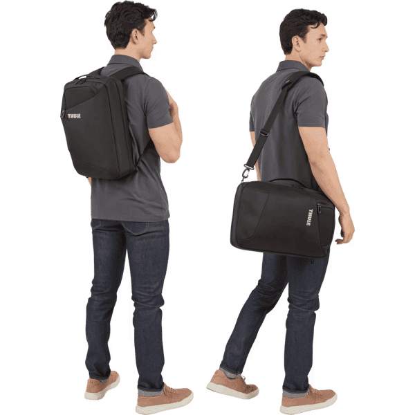 A black convertible backpack is worn on both shoulders and as a crossbody, featuring a logo.