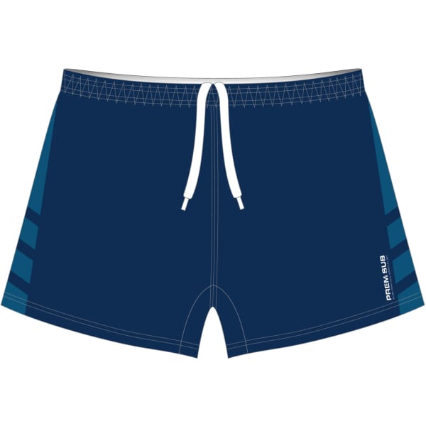 Sports shorts in navy with teal detailing and a drawstring waistband. Features a logo on the side.