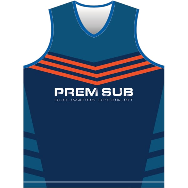 A sleeveless sports singlet in navy blue with orange stripes and a logo featuring the words 