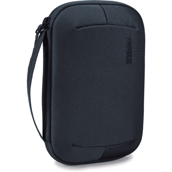 A dark blue electronics organiser with a zip closure and a side handle, featuring a logo.