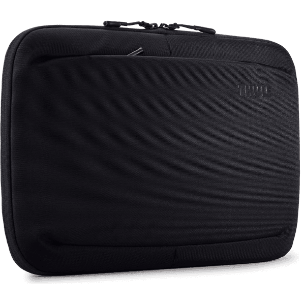 A black laptop sleeve with a zippered closure and branding on the side.