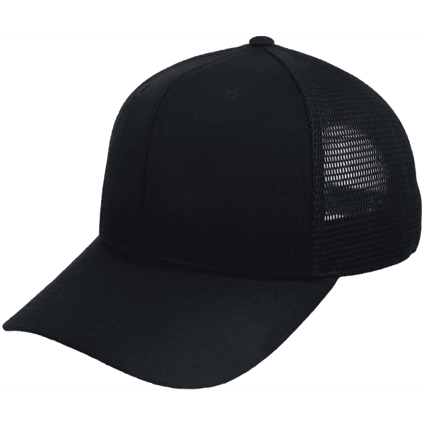 A black trucker cap featuring a solid front and mesh back, with a logo on the front.