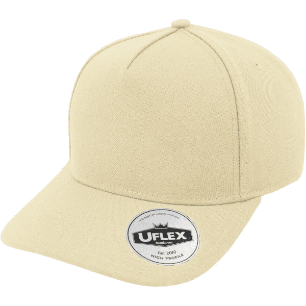 A beige five-panel snapback cap with a branded label on the front.