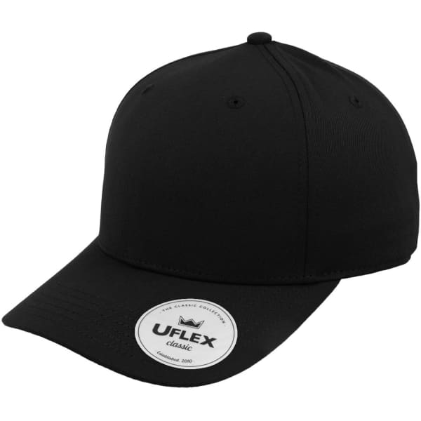 A black Classic 5 Panel Cap featuring a round logo tag. The cap has a structured design and a curved brim.