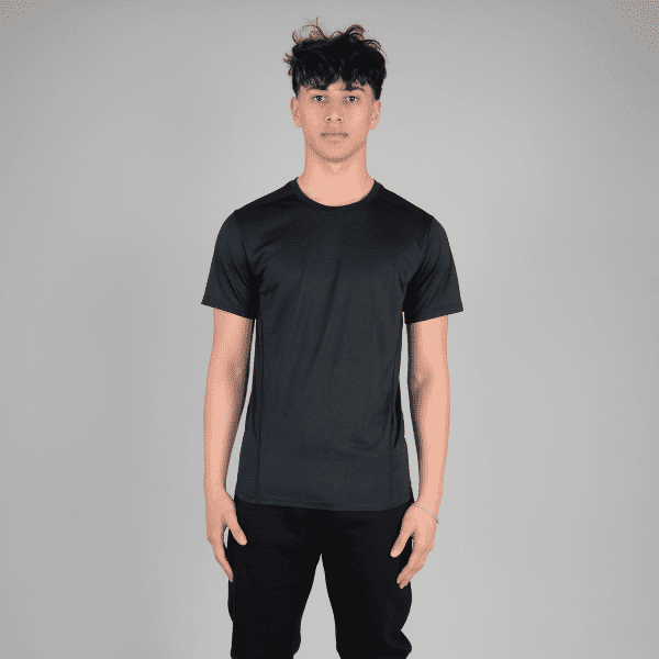 A black adult tech tee featuring a standard crew neck design and a logo on the front.