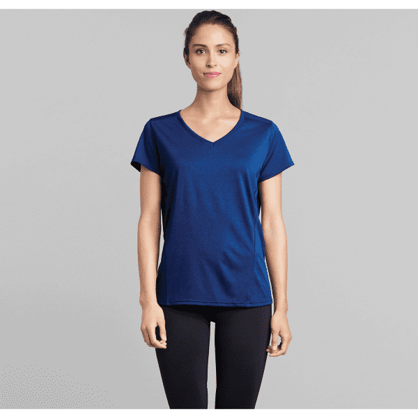 A navy blue ladies T-shirt with a V-neck and short sleeves, featuring a small logo.