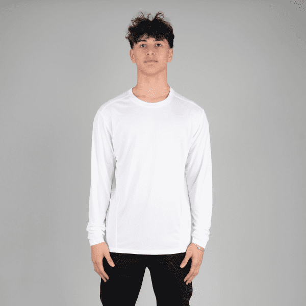 A long-sleeve adult tee in white, featuring a fitted style and a logo on the chest.