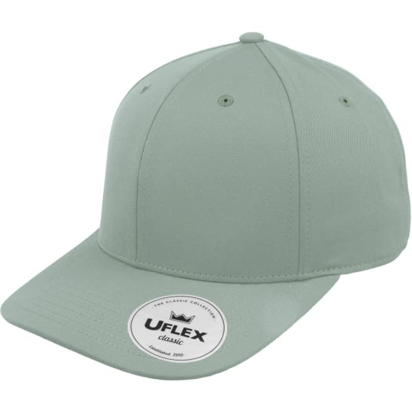 A green classic 6-panel cap with a curved brim and a logo on the front.