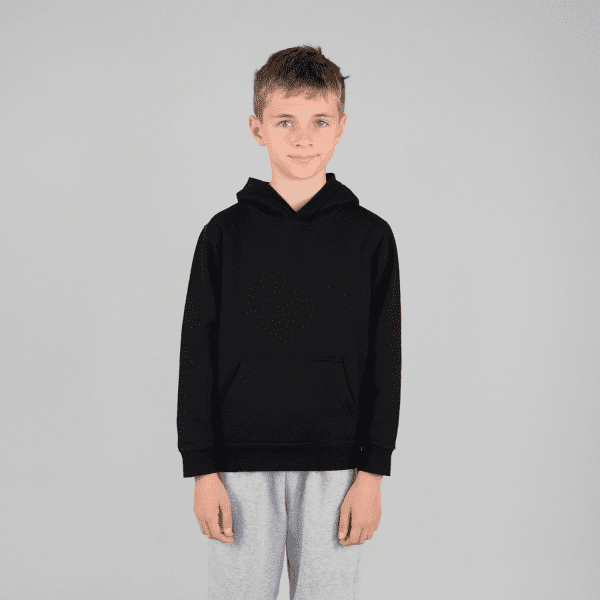 A youth hoodie in black, featuring a front pocket and a hood. The model wears grey sweatpants.